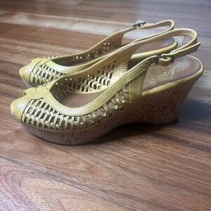 Crown Vintage mustard Yellow Woven Peep Toe‎ Slingback Cork Wedge Sandals